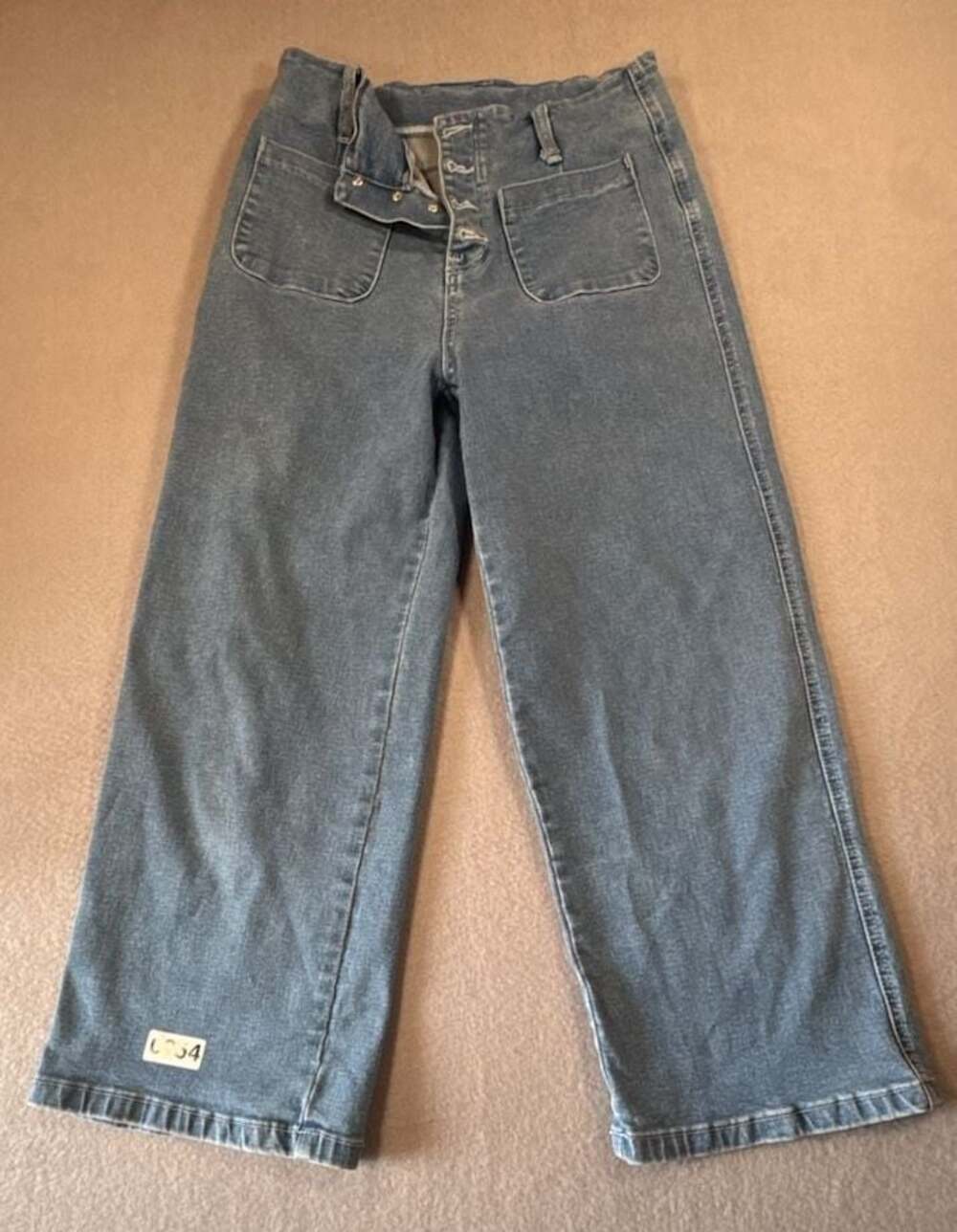 VISALY High Waisted Stretchy Straight Wide Leg Button Fly Cropped Jeans Blue